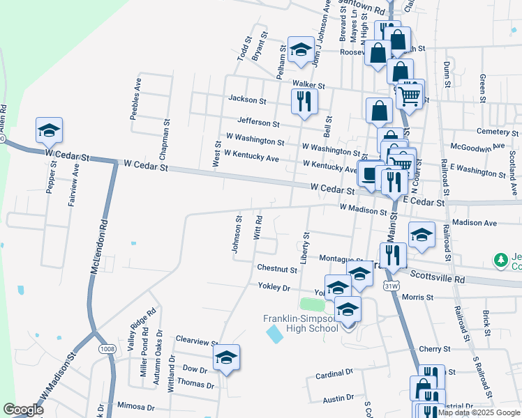 map of restaurants, bars, coffee shops, grocery stores, and more near 599 West Madison Street in Franklin