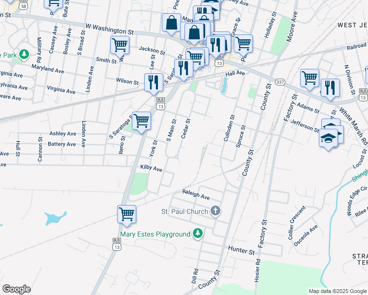map of restaurants, bars, coffee shops, grocery stores, and more near 328 Cedar Street in Suffolk