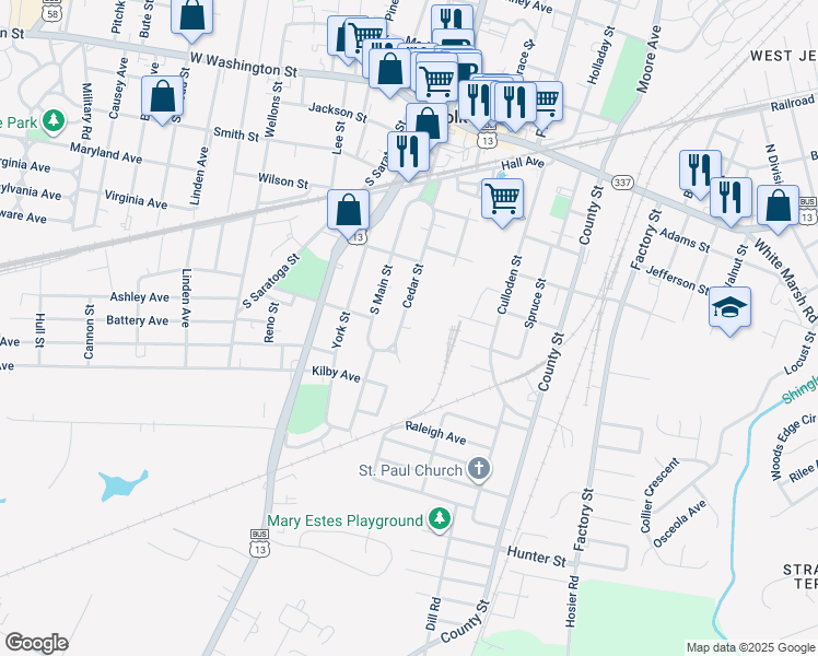 map of restaurants, bars, coffee shops, grocery stores, and more near 328 Cedar Street in Suffolk