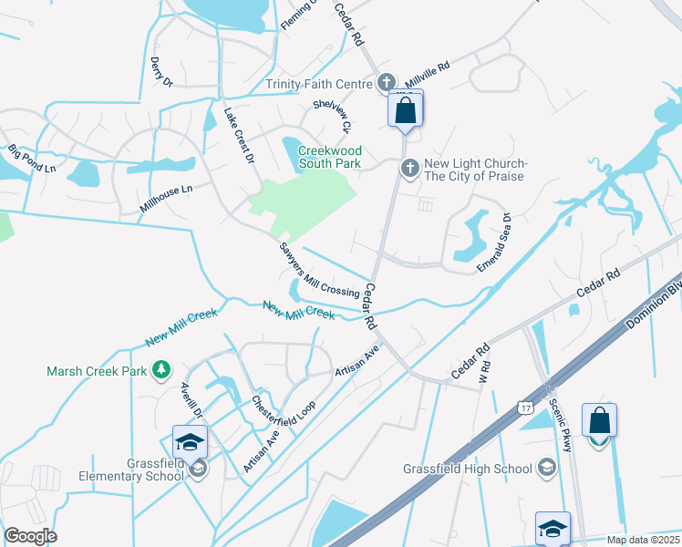 map of restaurants, bars, coffee shops, grocery stores, and more near 605 Batton Door Place in Chesapeake