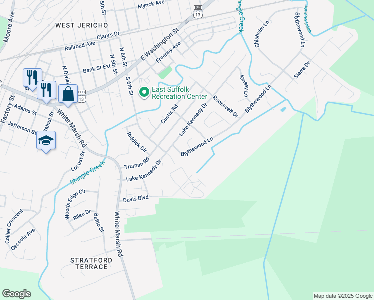map of restaurants, bars, coffee shops, grocery stores, and more near 1006 Blythewood Lane in Suffolk