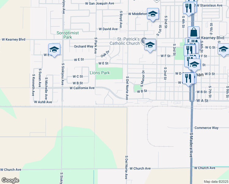 map of restaurants, bars, coffee shops, grocery stores, and more near 15627 West B Street in Kerman