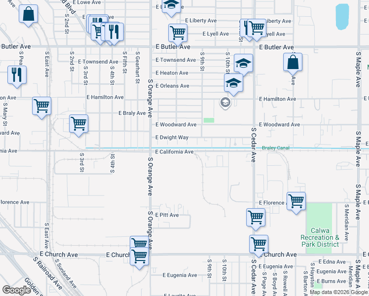map of restaurants, bars, coffee shops, grocery stores, and more near 2058 South 9th Street in Fresno