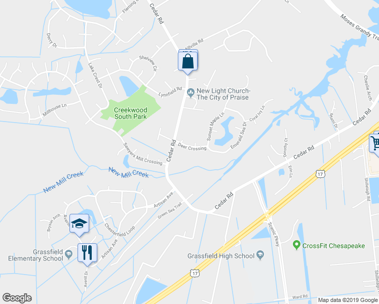 map of restaurants, bars, coffee shops, grocery stores, and more near 907 Deer Crossing in Chesapeake