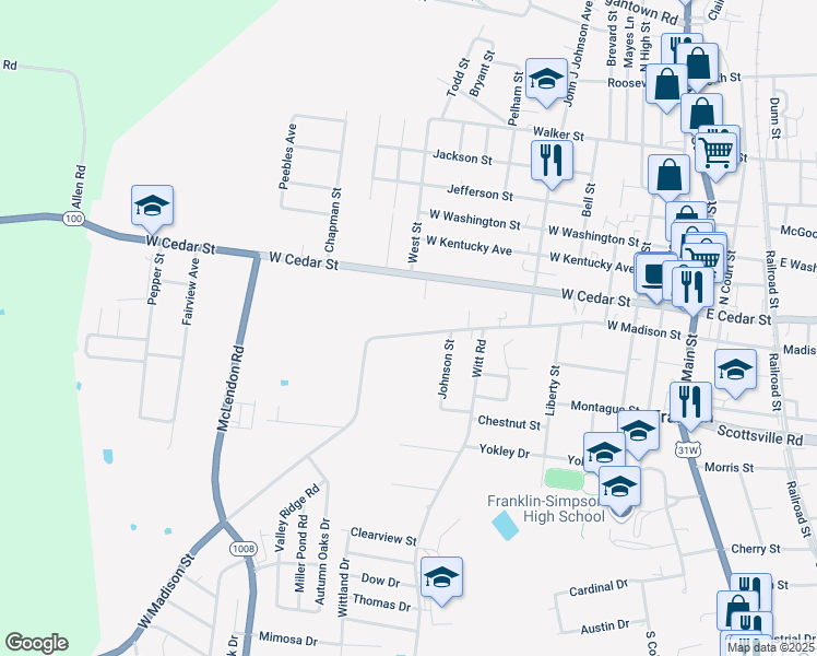map of restaurants, bars, coffee shops, grocery stores, and more near 628 West Madison Street in Franklin