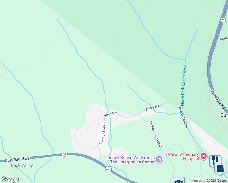 map of restaurants, bars, coffee shops, grocery stores, and more near Fraley Avenue in Duffield