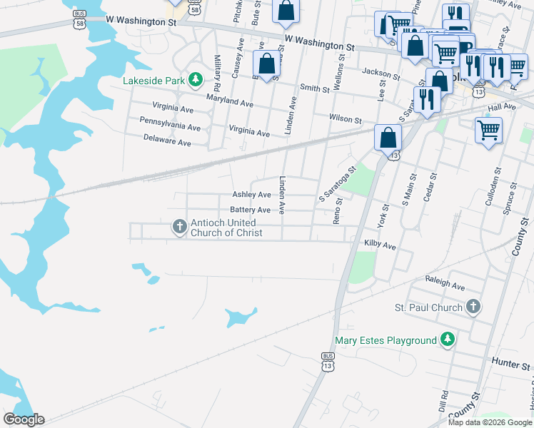 map of restaurants, bars, coffee shops, grocery stores, and more near 615 Battery Avenue in Suffolk
