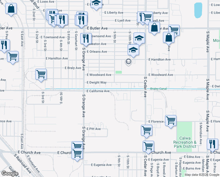 map of restaurants, bars, coffee shops, grocery stores, and more near 2058 South 9th Street in Fresno