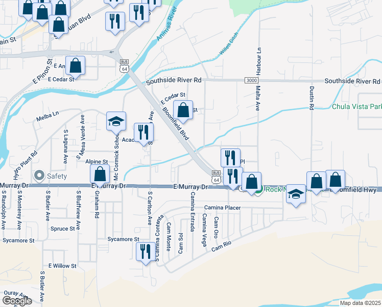 map of restaurants, bars, coffee shops, grocery stores, and more near 1717 East Broadway Avenue in Farmington
