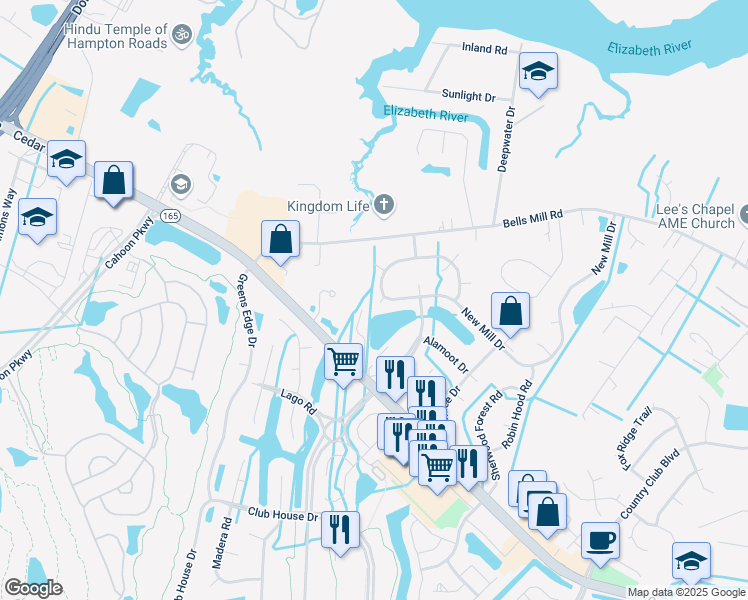 map of restaurants, bars, coffee shops, grocery stores, and more near 204 Angelica Landing in Chesapeake