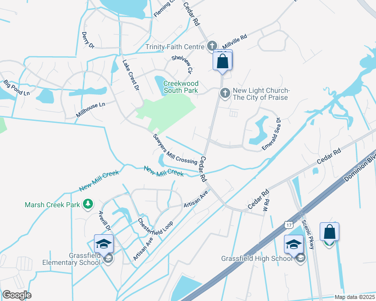 map of restaurants, bars, coffee shops, grocery stores, and more near 605 Batton Door Place in Chesapeake