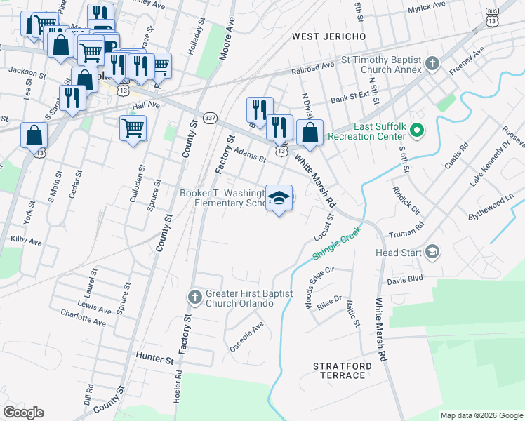 map of restaurants, bars, coffee shops, grocery stores, and more near 213 Walnut Street in Suffolk