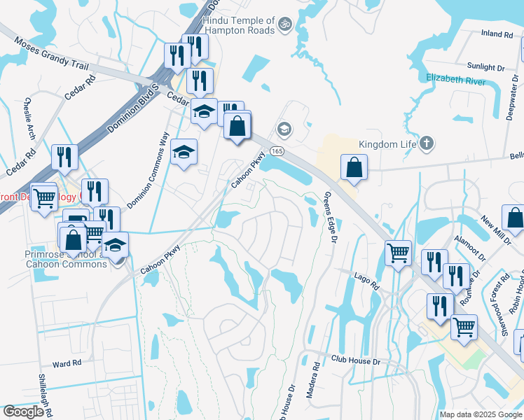map of restaurants, bars, coffee shops, grocery stores, and more near 1545 Scoonie Pointe Drive in Chesapeake