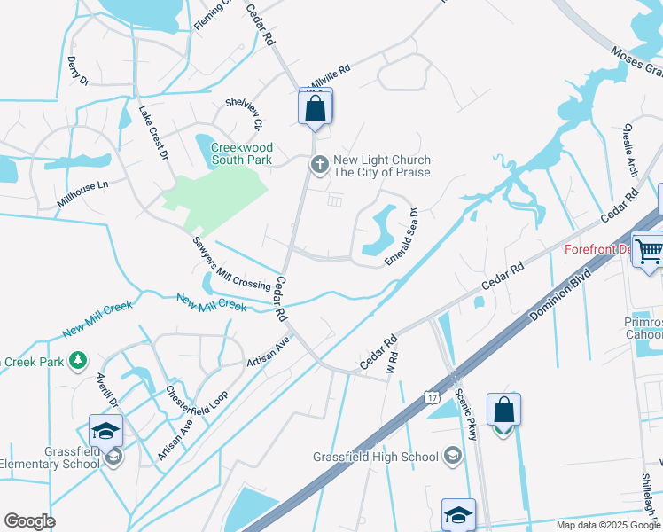 map of restaurants, bars, coffee shops, grocery stores, and more near 907 Deer Crossing in Chesapeake
