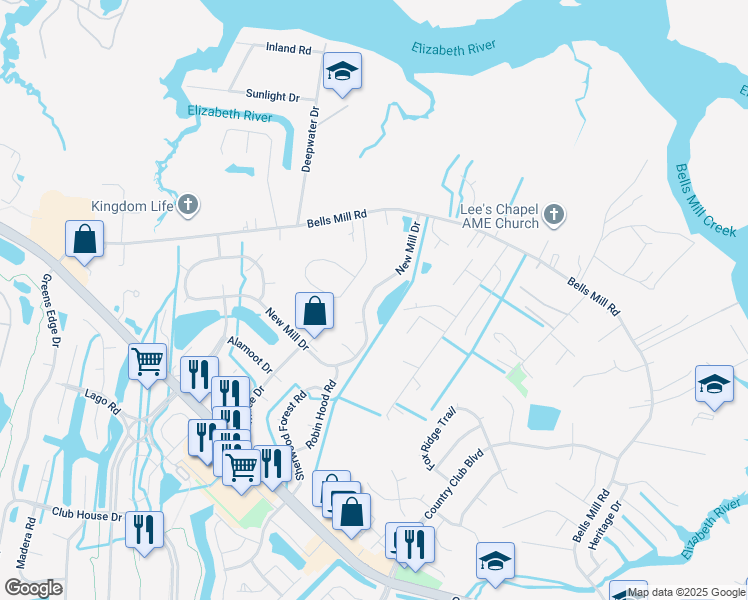 map of restaurants, bars, coffee shops, grocery stores, and more near 1004 New Mill Drive in Chesapeake