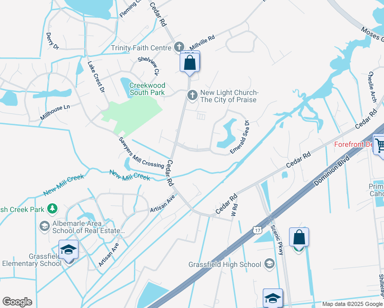 map of restaurants, bars, coffee shops, grocery stores, and more near 911 Deer Crossing in Chesapeake