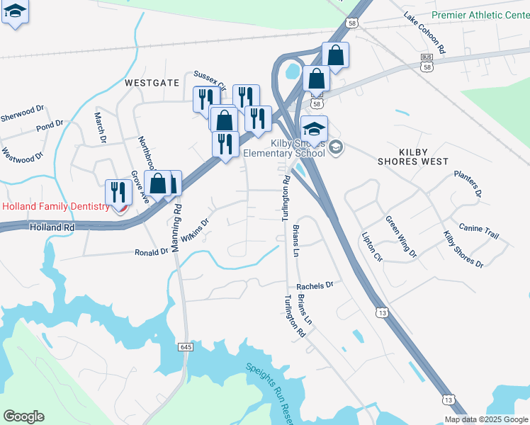 map of restaurants, bars, coffee shops, grocery stores, and more near 1508 Goodwin Street in Suffolk