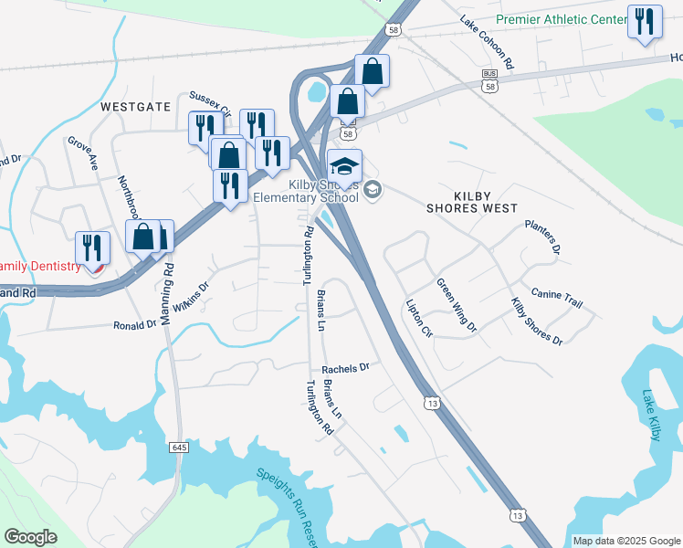 map of restaurants, bars, coffee shops, grocery stores, and more near 2037 Brian's Lane in Suffolk