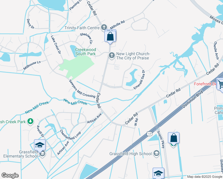 map of restaurants, bars, coffee shops, grocery stores, and more near 907 Deer Crossing in Chesapeake