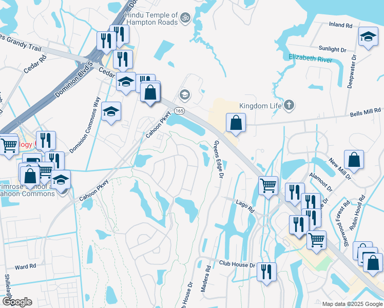 map of restaurants, bars, coffee shops, grocery stores, and more near 1515 Hawick Terrace in Chesapeake