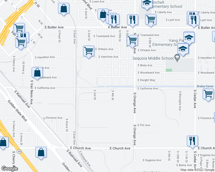 map of restaurants, bars, coffee shops, grocery stores, and more near 2061 South Hazelwood Boulevard in Fresno