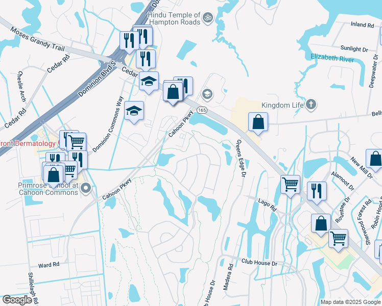 map of restaurants, bars, coffee shops, grocery stores, and more near 1545 Scoonie Pointe Drive in Chesapeake