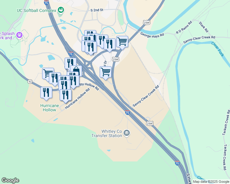 map of restaurants, bars, coffee shops, grocery stores, and more near 1705 South Highway 25 in Williamsburg