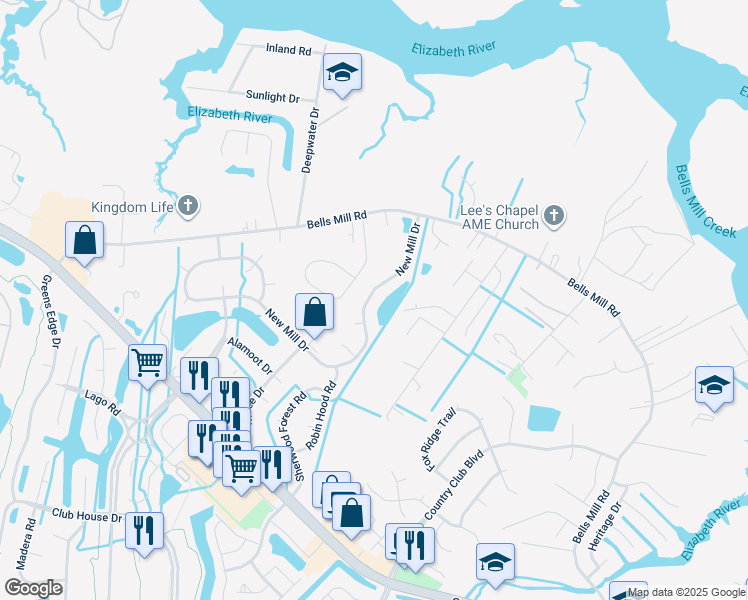 map of restaurants, bars, coffee shops, grocery stores, and more near 1004 New Mill Drive in Chesapeake
