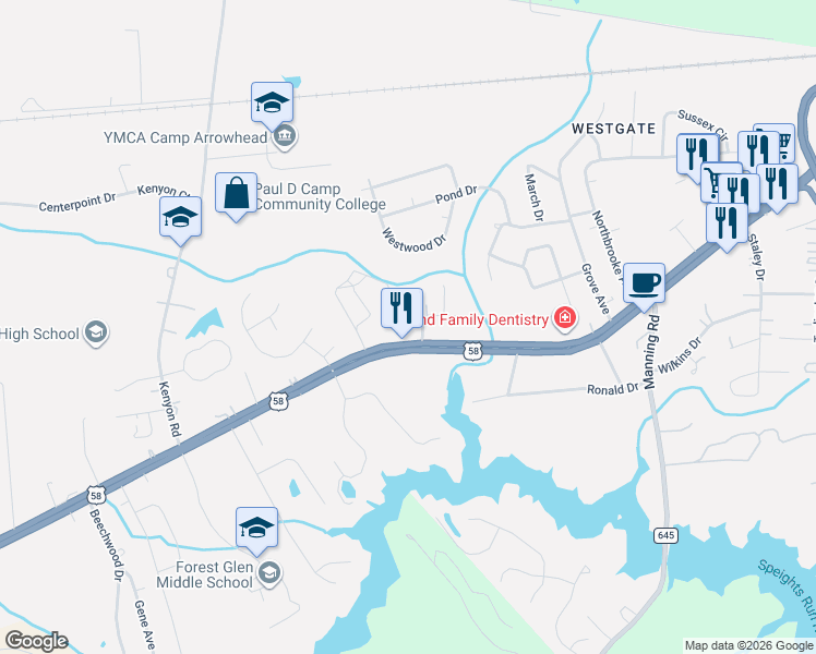 map of restaurants, bars, coffee shops, grocery stores, and more near 1688 Faulk Road in Suffolk