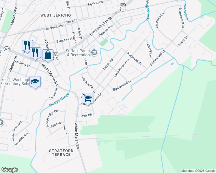 map of restaurants, bars, coffee shops, grocery stores, and more near 1001 Lake Kennedy Drive in Suffolk