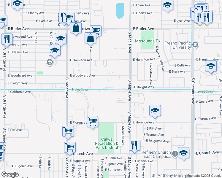 map of restaurants, bars, coffee shops, grocery stores, and more near 2075 South Hayston Avenue in Fresno