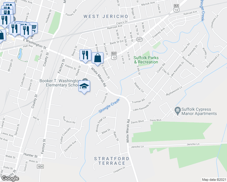 map of restaurants, bars, coffee shops, grocery stores, and more near 410 South Division Street in Suffolk