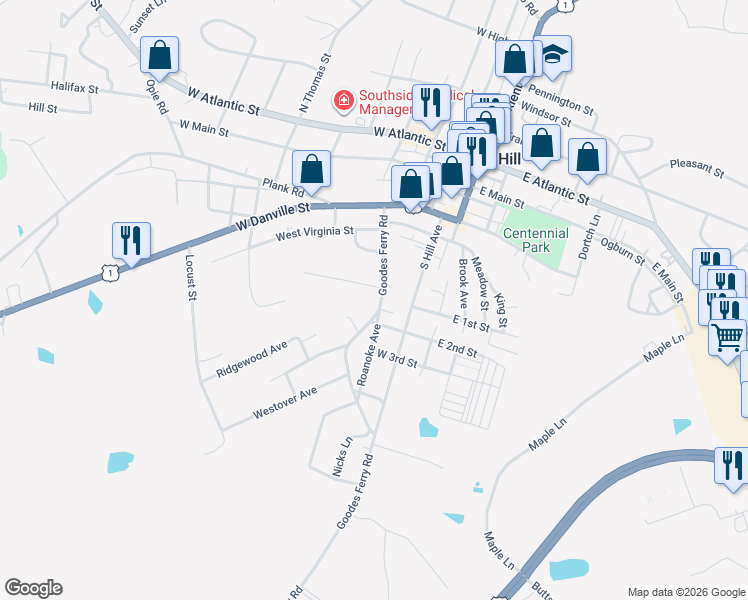 map of restaurants, bars, coffee shops, grocery stores, and more near 606 Goodes Ferry Road in South Hill