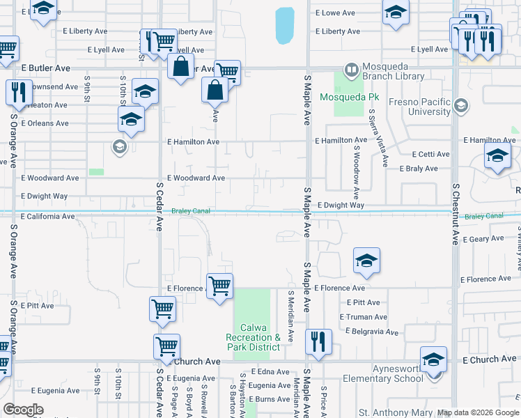 map of restaurants, bars, coffee shops, grocery stores, and more near 2075 South Hayston Avenue in Fresno