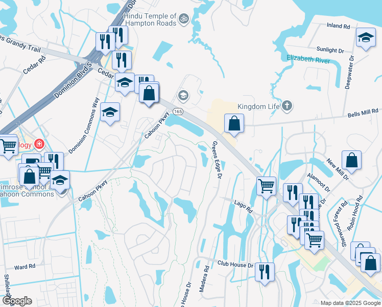 map of restaurants, bars, coffee shops, grocery stores, and more near 1515 Hawick Terrace in Chesapeake