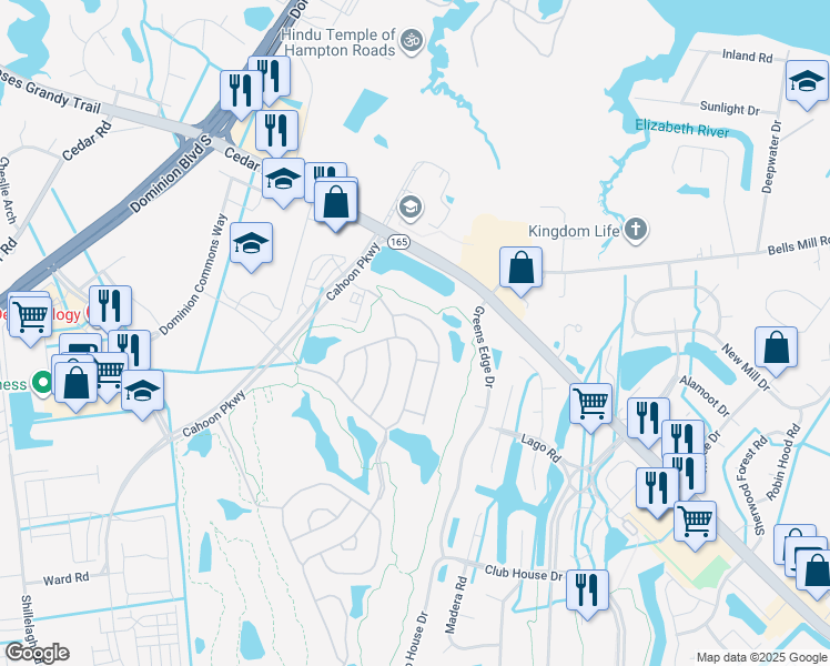 map of restaurants, bars, coffee shops, grocery stores, and more near 1523 Scoonie Pointe Drive in Chesapeake