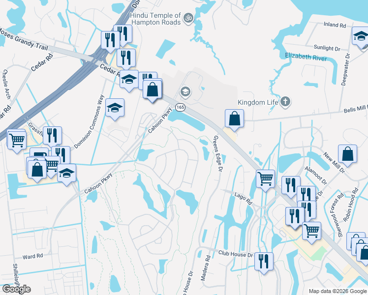 map of restaurants, bars, coffee shops, grocery stores, and more near 1523 Scoonie Pointe Drive in Chesapeake