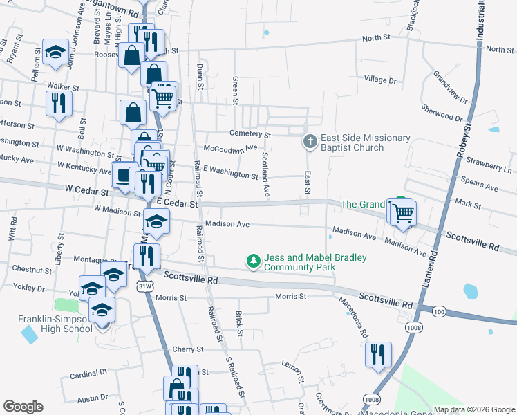 map of restaurants, bars, coffee shops, grocery stores, and more near 406 East Cedar Street in Franklin