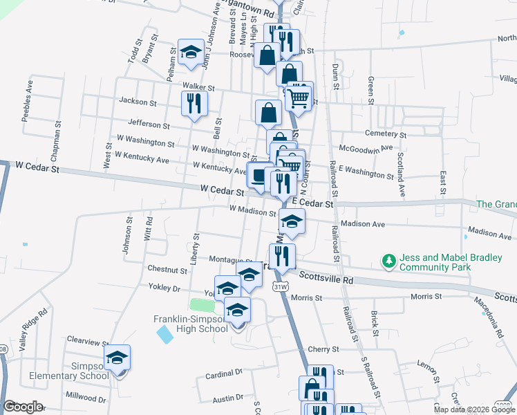 map of restaurants, bars, coffee shops, grocery stores, and more near 202 West Madison Street in Franklin