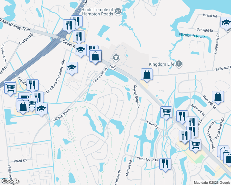 map of restaurants, bars, coffee shops, grocery stores, and more near 1523 Scoonie Pointe Drive in Chesapeake