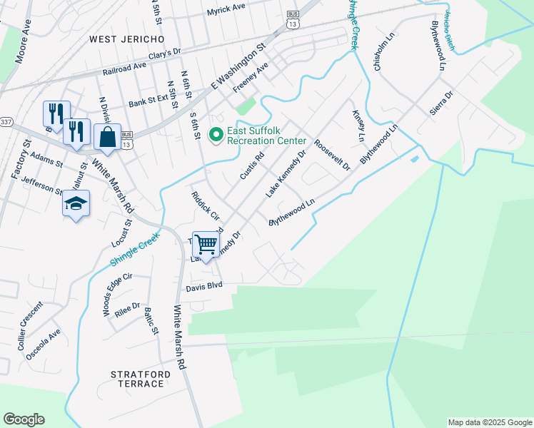 map of restaurants, bars, coffee shops, grocery stores, and more near 1006 Blythewood Lane in Suffolk