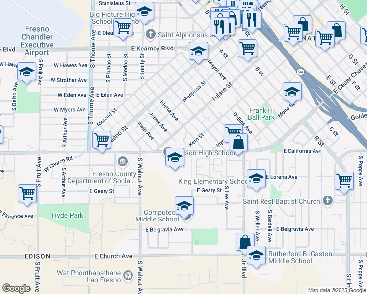 map of restaurants, bars, coffee shops, grocery stores, and more near 401 Kern Street in Fresno