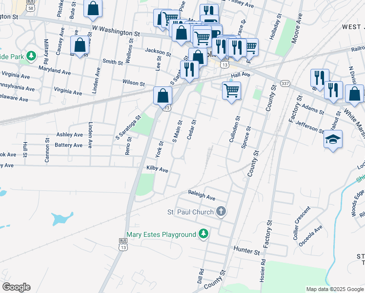 map of restaurants, bars, coffee shops, grocery stores, and more near 329 Cedar Street in Suffolk