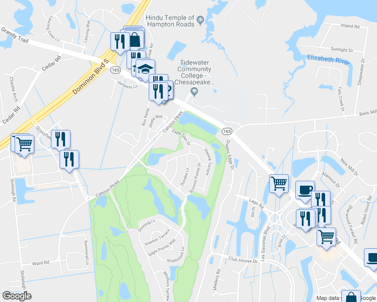 map of restaurants, bars, coffee shops, grocery stores, and more near 1523 Scoonie Pointe Drive in Chesapeake