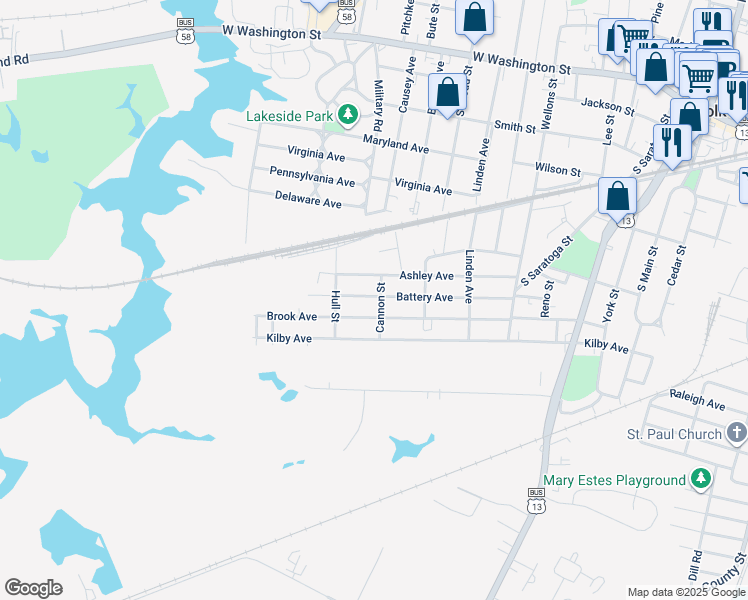 map of restaurants, bars, coffee shops, grocery stores, and more near 803 Battery Avenue in Suffolk