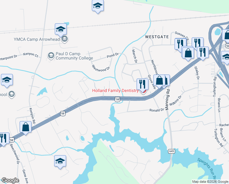 map of restaurants, bars, coffee shops, grocery stores, and more near 1668 Holland Road in Suffolk