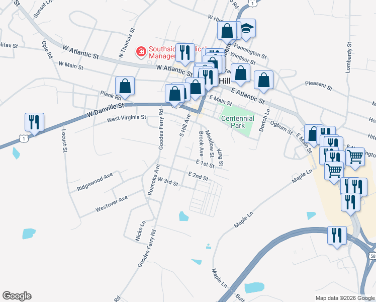 map of restaurants, bars, coffee shops, grocery stores, and more near 506 Robertson Street in South Hill