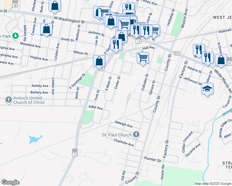map of restaurants, bars, coffee shops, grocery stores, and more near 326 Cedar Street in Suffolk