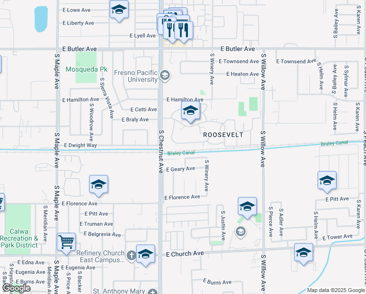 map of restaurants, bars, coffee shops, grocery stores, and more near 34 Sisk Drive in Fresno