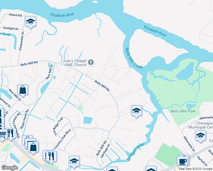 map of restaurants, bars, coffee shops, grocery stores, and more near 980 Bells Mill Road in Chesapeake